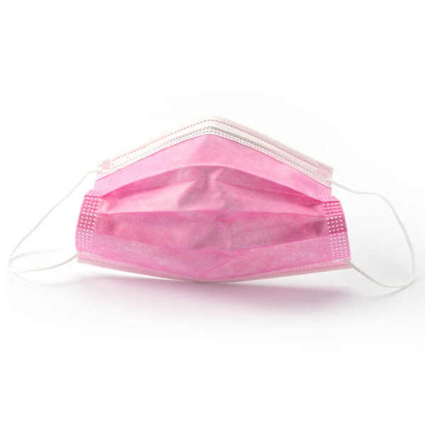 Pink disposable face mask on white background