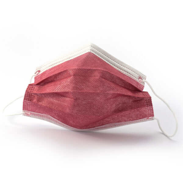 Red disposable face mask on white background.