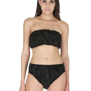 Woman in black strapless bikini set.