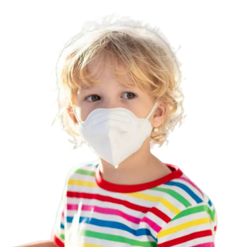 Child in striped shirt wearing medical mask