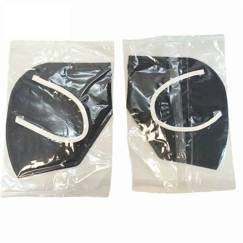 Two packaged black face masks with ear loops.