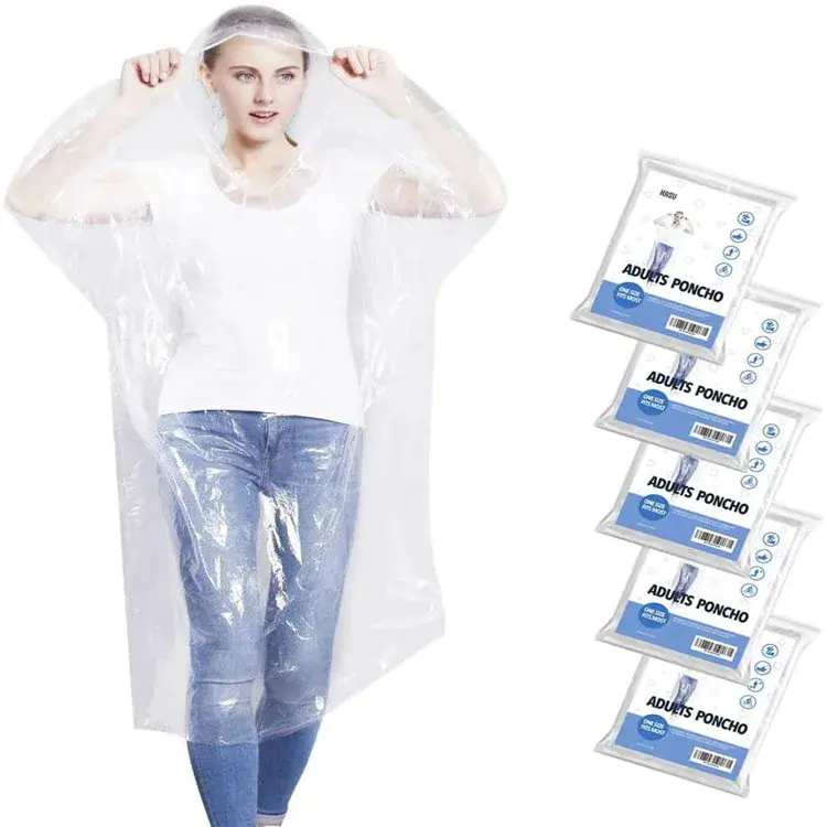 Transparent rain poncho for adults with packaging.