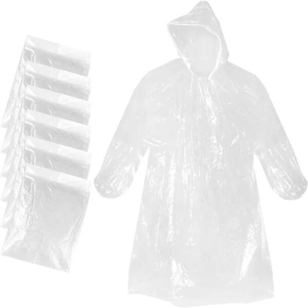 Clear disposable rain ponchos with hoods.