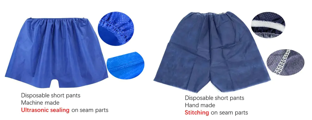 Machine-made vs. handmade disposable shorts with seam details.