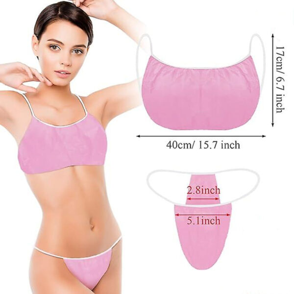 Pink disposable bra and underwear set measurements shown.