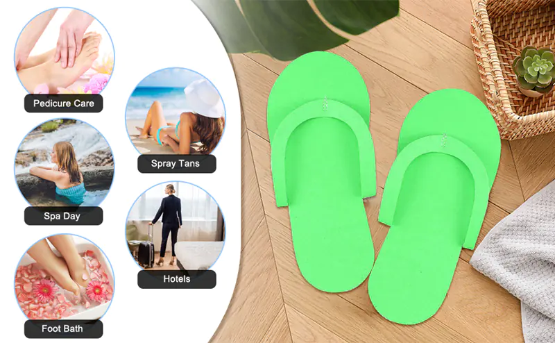 Green spa slippers on wooden floor, spa care icons.
