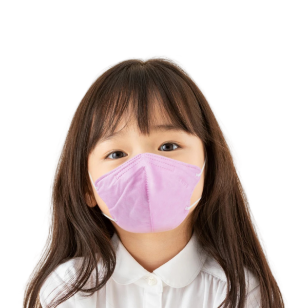 Child wearing purple face mask, white background.