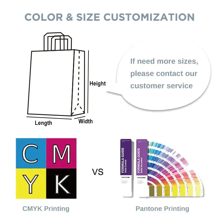 Bag customization size and CMYK vs Pantone printing options.