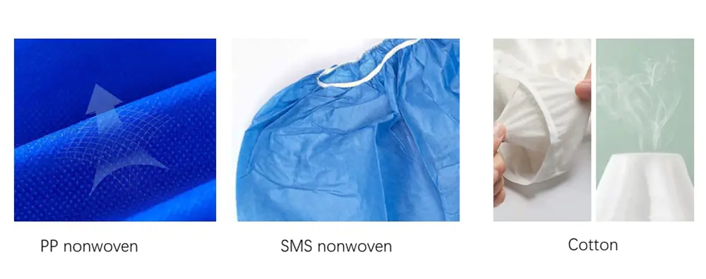 PP, SMS nonwoven, and cotton fabric examples.