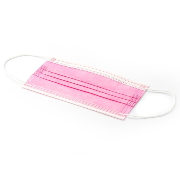 Pink disposable face mask on white background.