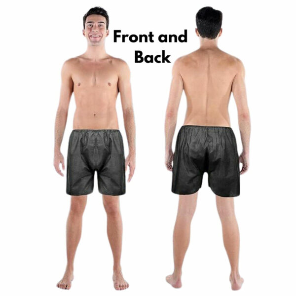 Front and back view of man's black shorts.