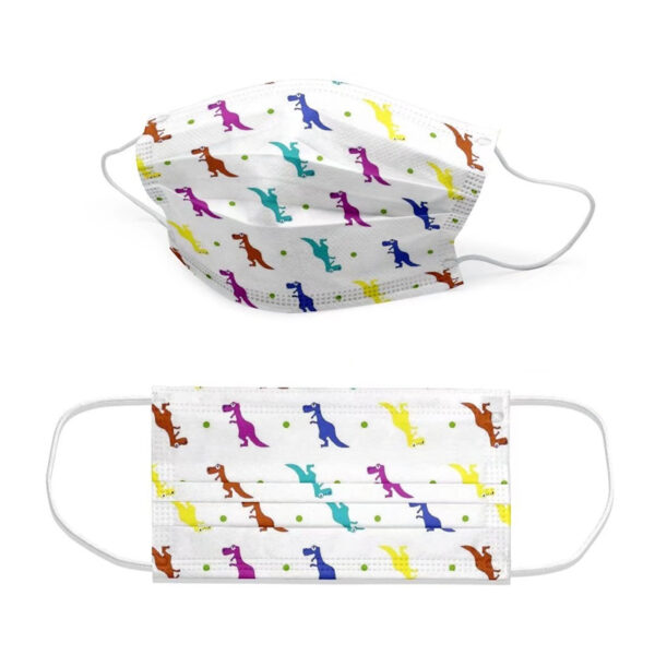 Colorful dinosaur print face masks with ear loops.