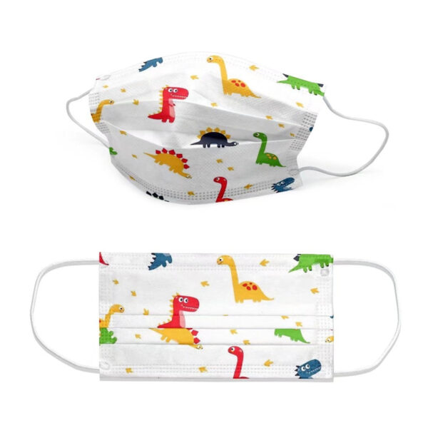 Children's face masks with colorful dinosaur designs.