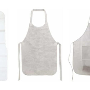 Three white disposable aprons displayed on a wall.