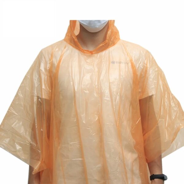 Person wearing orange plastic rain poncho.