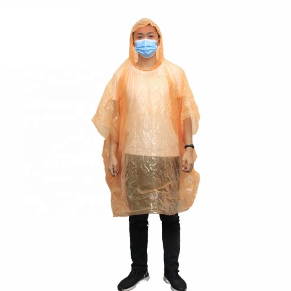 Person wearing an orange poncho and mask.