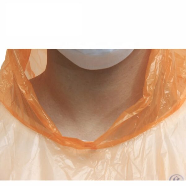 Person wearing orange disposable poncho