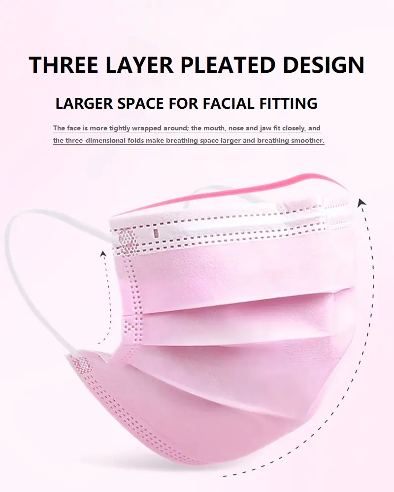 Pink mask with three-layer pleated design.