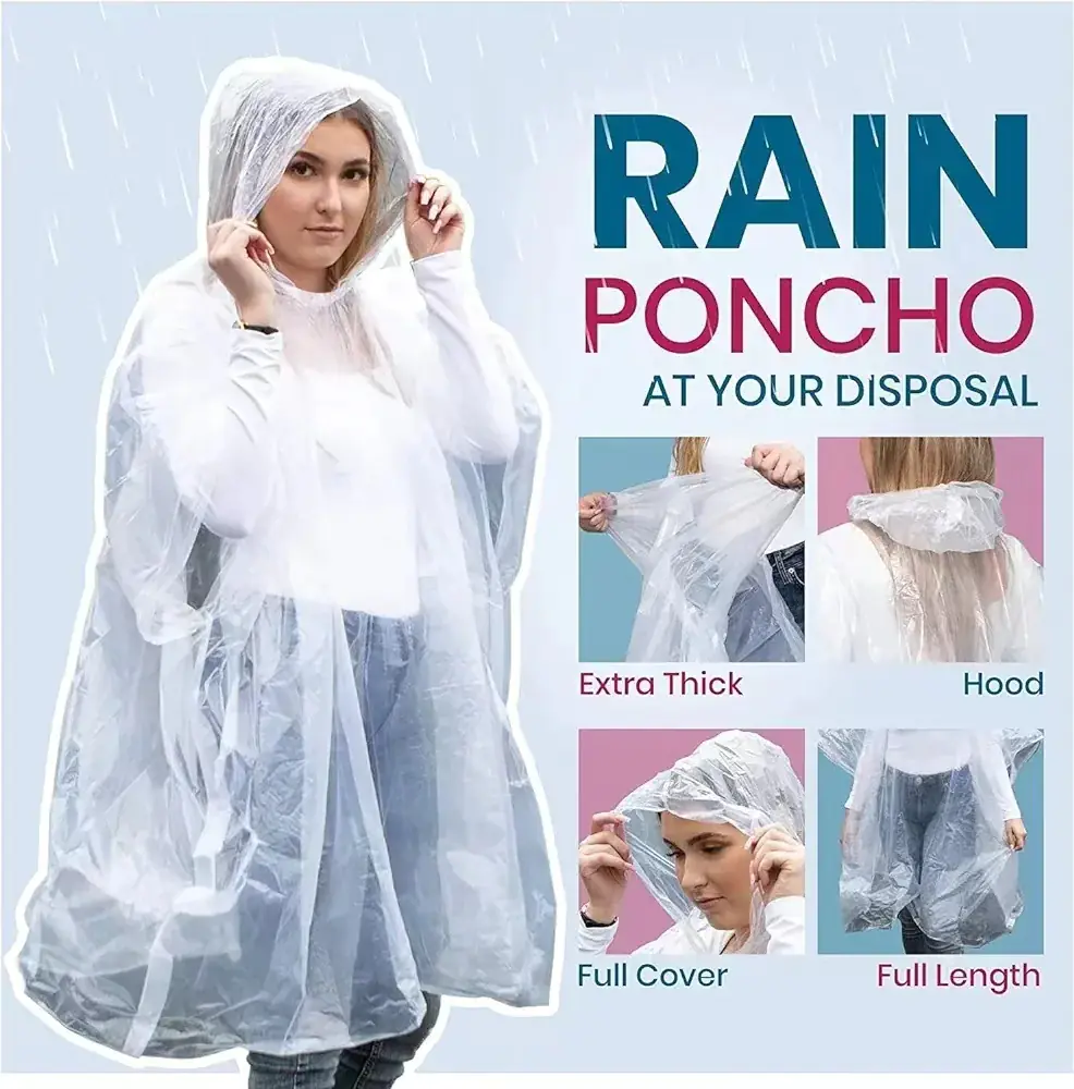 Transparent rain poncho with hood and full coverage.
