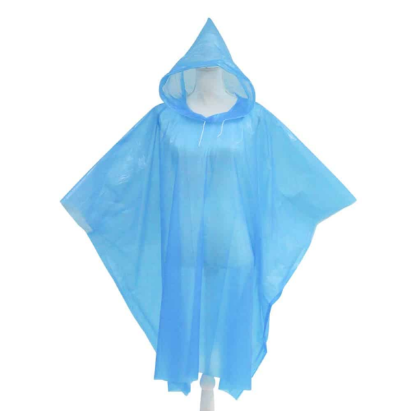 Blue hooded rain poncho on mannequin