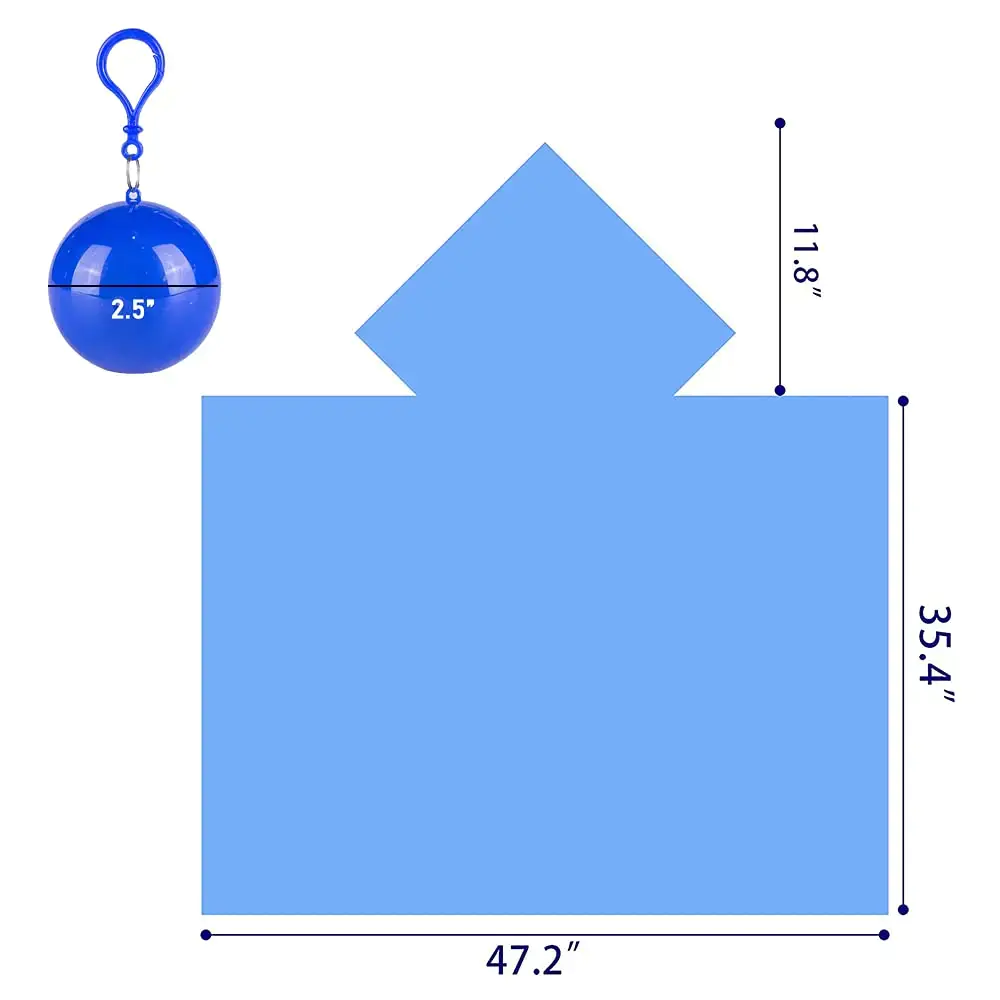 Blue raincoat ball with dimensions shown
