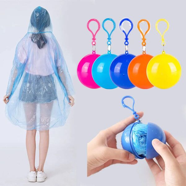 Disposable rain poncho with colorful ball packaging.