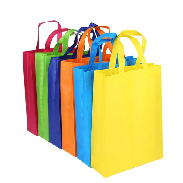 Colorful reusable shopping bags in a row