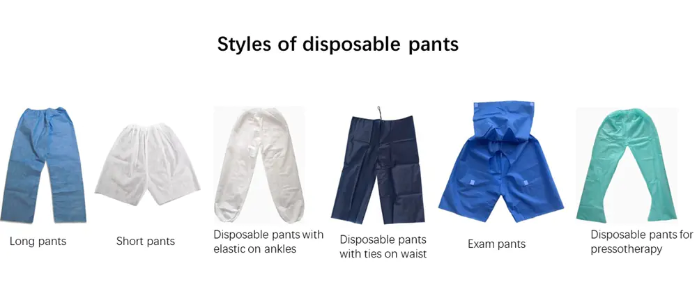 Various types of disposable pants, blue and white.