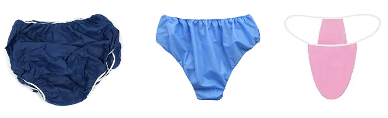 Three disposable undergarments in navy, blue, and pink.
