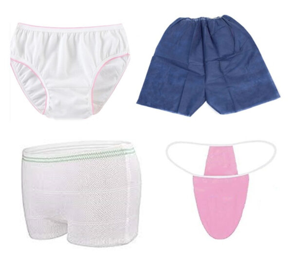 Disposable underwear types in assorted styles and colors.