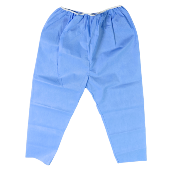 Blue disposable medical pants on display