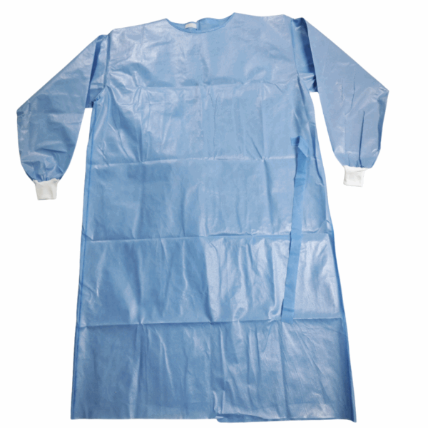 Blue disposable medical gown with white cuffs.