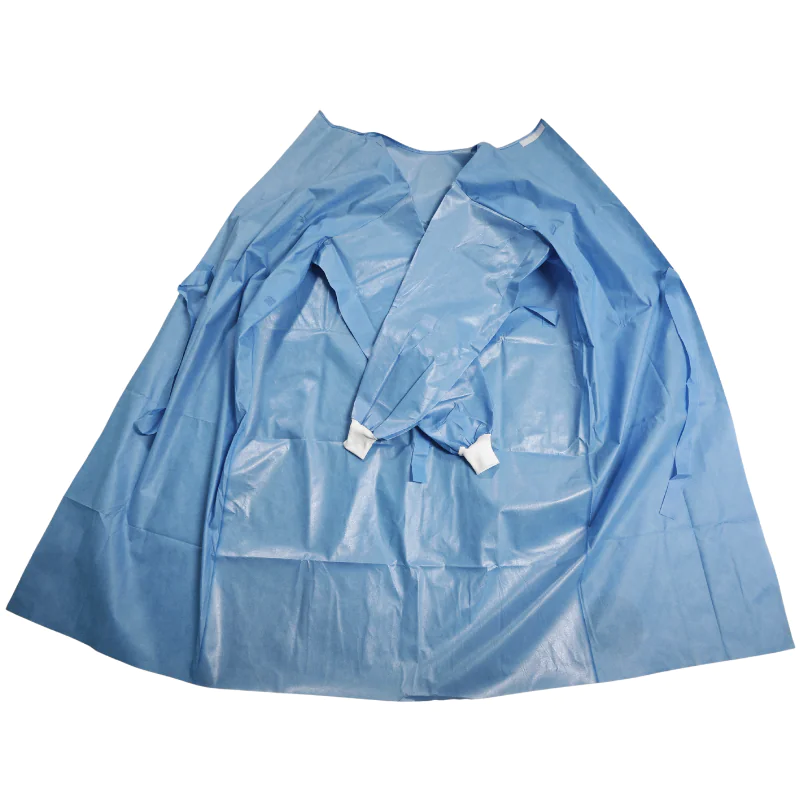 Blue disposable surgical gown laid flat