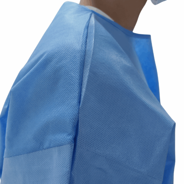 Person wearing blue medical gown close-up