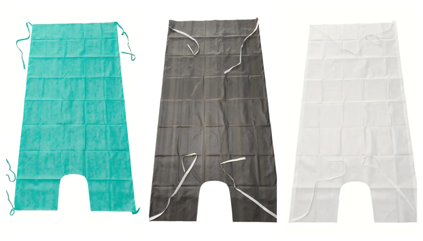 Three hospital patient gowns in green, gray, white.