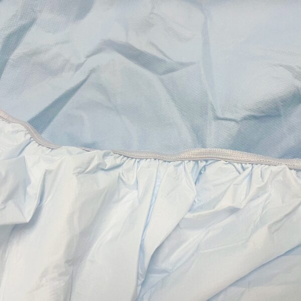 Close-up of light blue fabric with elastic edge.