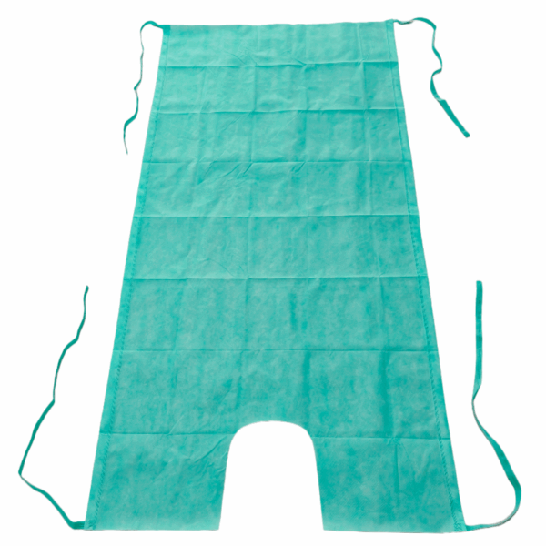 Green disposable medical surgical gown on white background.
