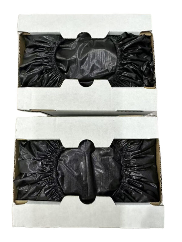 Two boxes of black disposable shoe covers.