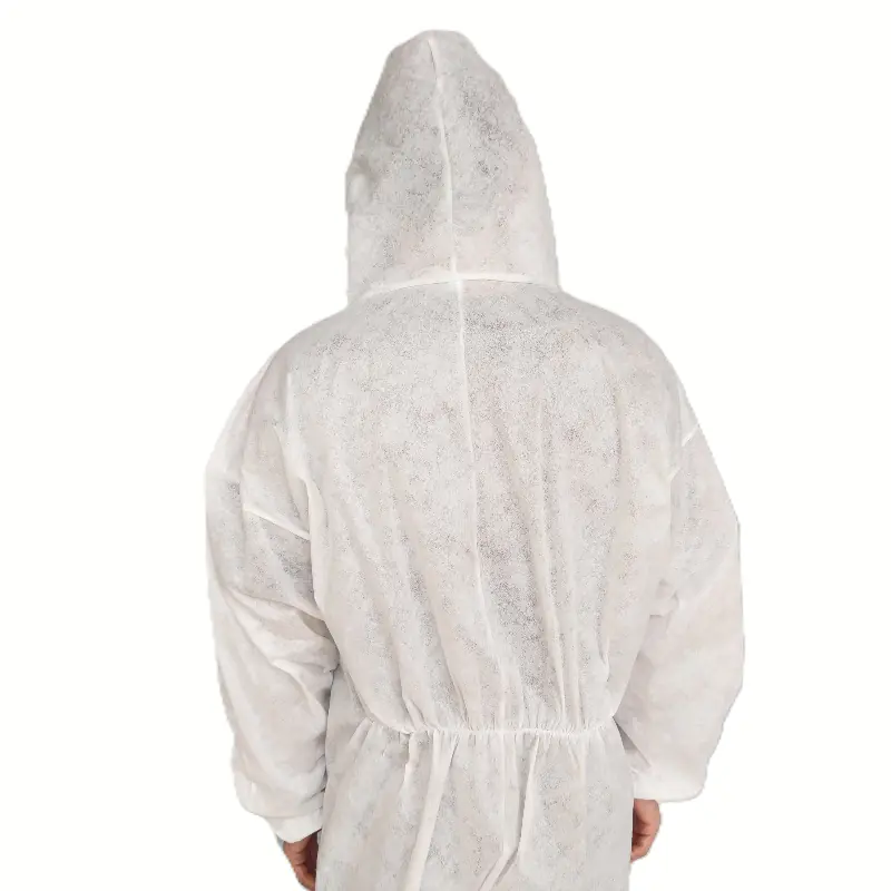 Person wearing white protective suit from behind.