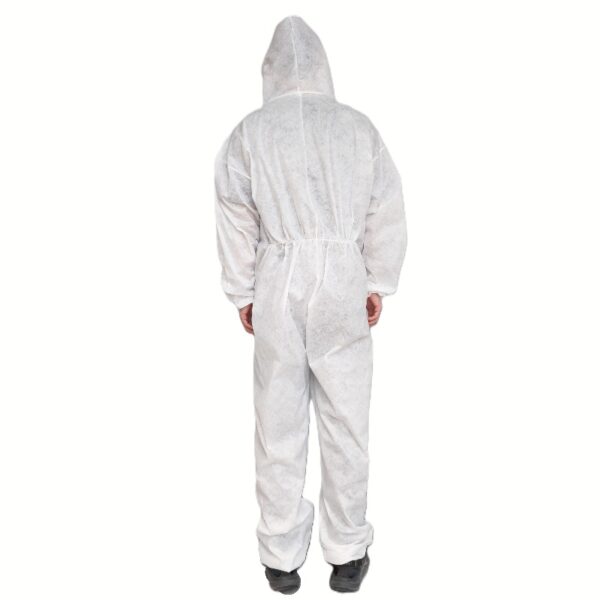 Person wearing white protective coverall suit.