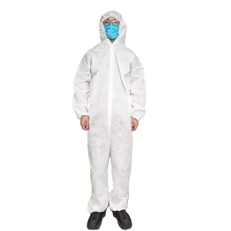 Person wearing protective coverall and mask.