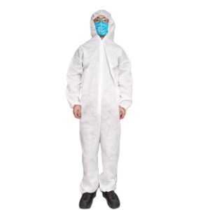 Person wearing protective coverall and mask.